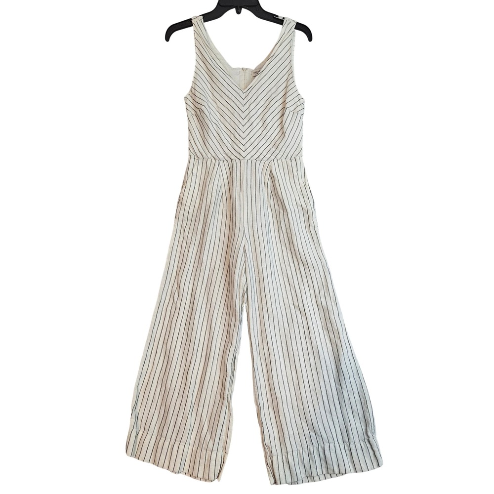 Rachel Zoe Size 2 White Black Stripe Cropped V-Neck Linen Blend Jumpsuit 1144